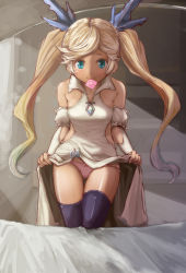 Rule 34 | 1girl, bare shoulders, black thighhighs, blonde hair, blue eyes, blush, bow, bow panties, clothes lift, condom, condom in mouth, dark-skinned female, dark skin, detached sleeves, dress, dress lift, frilled sleeves, frills, gluteal fold, granblue fantasy, green hair, highres, indoors, io (granblue fantasy), kaniki reitou souko, long hair, looking at viewer, mouth hold, multicolored hair, panties, pink panties, puffy short sleeves, puffy sleeves, short sleeves, solo, swept bangs, thigh gap, thighhighs, twintails, underwear, very long hair, white dress