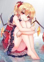 Rule 34 | 1girl, alternate costume, bad id, bad pixiv id, barefoot, blonde hair, blush, dress, feet, flandre scarlet, flower, frilled dress, frills, full body, highres, knees up, hugging own legs, lips, looking at viewer, papo, petals, rain, red dress, red eyes, red flower, red rose, reflection, reflective floor, rose, sharp toenails, side ponytail, sitting, smile, solo, toenails, touhou, wings