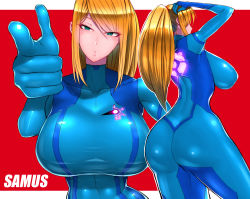 Rule 34 | 1girl, absurdres, ass, blonde hair, breasts, character name, curvy, highres, huge ass, huge breasts, metroid, nintendo, ponytail, samus aran, thick thighs, thighs, wide hips, wolffeld price, zero suit
