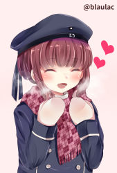 Rule 34 | 10s, 1girl, bad id, bad pixiv id, breath, brown hair, clothes writing, dress, closed eyes, hat, heart, highres, kantai collection, long sleeves, masayo (gin no ame), mittens, open mouth, sailor collar, sailor dress, sailor hat, scarf, short hair, smile, solo, twitter username, z3 max schultz (kancolle)