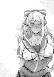 Rule 34 | 1girl, absurdres, areola slip, bare shoulders, blush, breasts, dark skin, digi (index girls), female focus, hand on own hip, highres, index acg, large breasts, long hair, looking at viewer, momofuki rio, monochrome, navel, nipples, original, ponytail, school uniform, shiny skin, side ponytail, simple background, skirt, smile, standing, upper body, white background