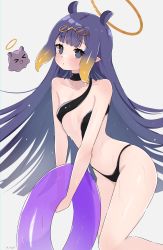 &gt;_&lt; 1girl absurdres bare_shoulders blue_eyes blunt_bangs collarbone eyewear_on_head halo highres hime_cut hololive hololive_english innertube long_hair magui3 navel ninomae_ina&#039;nis simple_background solo swim_ring swimsuit takodachi_(ninomae_ina&#039;nis) tentacle_hair very_long_hair virtual_youtuber