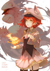 Rule 34 | 1girl, animal hat, annie (league of legends), aqua eyes, backpack, bag, bear, black thighhighs, cat hat, character name, copyright name, echosdoodle, fire, from side, garter straps, green eyes, hat, heart, league of legends, looking to the side, necktie, parted lips, pink necktie, pink skirt, pleated skirt, profile, red hair, sharp teeth, short hair, short necktie, skirt, standing, teeth, thighhighs, tibbers, white background