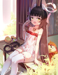 Rule 34 | 1girl, :d, absurdres, animal ear fluff, animal ears, azur lane, bare shoulders, bikini, bikini under clothes, black hair, blunt bangs, chinese commentary, commentary request, feet out of frame, food, fox ears, fox mask, highres, holding, holding food, jewelry, long hair, looking at viewer, mask, mask on head, nagato (azur lane), nagato (great fox&#039;s respite) (azur lane), necklace, official alternate costume, open mouth, qiuyueruona, red bikini, ribbon-trimmed legwear, ribbon trim, see-through, side-tie bikini bottom, sitting, smile, solo, strap slip, swimsuit, thighhighs, very long hair, white thighhighs, yellow eyes