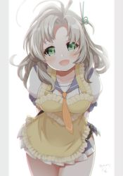 Rule 34 | 1girl, :d, ahoge, antenna hair, apron, arms behind back, blue sailor collar, blue skirt, blush, collarbone, commentary request, cowboy shot, frilled apron, frills, green eyes, grey hair, kantai collection, kinugasa (kancolle), leaning forward, long hair, looking at viewer, miniskirt, neckerchief, one side up, open mouth, parted bangs, pillarboxed, pleated skirt, sailor collar, school uniform, serafuku, short sleeves, signature, simple background, skirt, smile, solo, standing, tareme, thighs, twitter username, white background, yellow apron, yellow neckerchief, yuzuki yuno