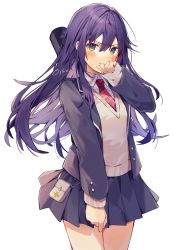 Rule 34 | 1girl, black sky, collared shirt, hair between eyes, hand to own mouth, highres, kenmochi touya, kenmochi touya (1st costume), long hair, looking at viewer, multicolored eyes, necktie, nijisanji, oshioshio, plaid necktie, purple hair, red necktie, school uniform, shirt, simple background, skirt, sky, solo, standing, sweater, virtual youtuber, white background