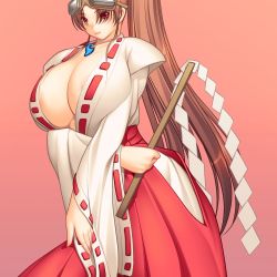 Rule 34 | 1girl, atlus, breasts, brown hair, cleavage, cosplay, curvy, fatal fury, female focus, goggles, goggles on head, huge breasts, japanese clothes, jewelry, konekonewasabii, long hair, miko, necklace, ponytail, psikyo, red eyes, sengoku ace, sengoku blade, sengoku cannon, shiranui mai, simple background, snk, solo, standing, the king of fighters, togashi koyori