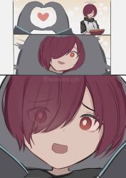 Rule 34 | 1girl, 1other, absurdres, apple pie, arknights, commentary, english commentary, exusiai (arknights), hair over one eye, halo, heart, heart hands, highres, jacket, oven mitts, pov, raglan sleeves, red hair, short hair, snoot challenge, twitter username, wawamachi (wawamachis), white jacket