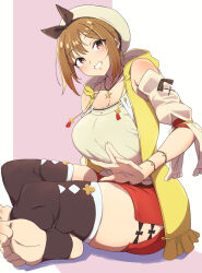 Rule 34 | 1girl, atelier (series), atelier ryza, atelier ryza 1, beret, breasts, brown eyes, brown hair, brown thighhighs, commentary request, detached sleeves, grin, hair ornament, hat, highres, indian style, jacket, jewelry, lap pillow invitation, large breasts, looking at viewer, necklace, red shorts, reisalin stout, shirt, short hair, shorts, sitting, sleeveless, sleeveless jacket, smile, star (symbol), star necklace, stirrup legwear, thighhighs, thighs, toeless legwear, toes, two-tone background, umeshiba121, white headwear, white shirt, yellow jacket