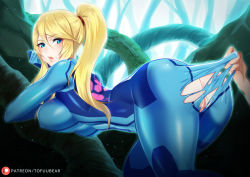 Rule 34 | 1girl, ass, bent over, blonde hair, blue eyes, bodysuit, breasts, covered erect nipples, large breasts, light particles, looking at viewer, looking back, metroid, nintendo, no bra, no panties, parted lips, ponytail, pussy, samus aran, skin tight, solo focus, tofuubear, toned, torn bodysuit, torn clothes, uncensored, zero suit