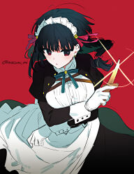 Rule 34 | 1girl, apron, black background, black hair, black jacket, blue bow, blue bowtie, blunt bangs, bow, bowtie, braid, braided ponytail, breasts, collared dress, cowboy shot, dress, earrings, floating hair, glint, gloves, hair ribbon, highres, holding, holding knife, holding weapon, jacket, jewelry, juliet sleeves, kimi wa meido-sama, knife, large breasts, long hair, long sleeves, looking at viewer, maid, maid headdress, nocomi, puffy sleeves, red background, red eyes, red ribbon, ribbon, simple background, single braid, solo, twitter username, weapon, white apron, white gloves, yuki (kimi wa meido-sama)