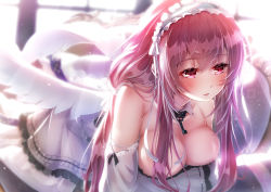 Rule 34 | 1girl, all fours, azur lane, bare shoulders, blurry, blush, breasts, cleavage, collar, depth of field, detached collar, detached sleeves, dress, eyelashes, frilled dress, frilled hairband, frills, hair over breasts, hair over one breast, hair over shoulder, hairband, imo bouya, jewelry, large breasts, light rays, lolita hairband, long hair, looking away, low twintails, on bed, perseus (azur lane), pink hair, red eyes, solo, strapless, strapless dress, sunbeam, sunlight, thighhighs, twintails, white dress, white thighhighs, white wings, wings