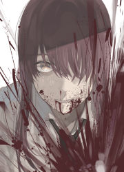 Rule 34 | 1girl, black necktie, blood, chainsaw man, collared shirt, hair over one eye, ikuchan kaoru, looking at viewer, makima (chainsaw man), necktie, one eye covered, open mouth, pink hair, ringed eyes, shirt, sidelocks, simple background, solo, sweat, upper body, white background, white shirt, wide-eyed, wing collar, yellow eyes