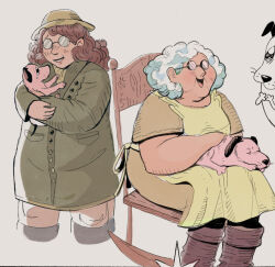 Rule 34 | 1girl, age comparison, animal, apron, brown hair, chair, coat, courage (character), courage the cowardly dog, cropped legs, curly hair, dog, dress, feet out of frame, glasses, green coat, long hair, multiple views, muriel bagge, old, old woman, passionpeachy, rocking chair, simple background, sitting, smile, white background, white hair, yellow apron, yellow dress