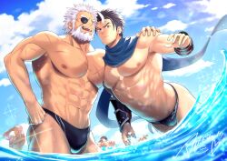 Rule 34 | 5boys, abs, aion kiu, bara, beard, black male swimwear, blue scarf, bulge, commission, cross scar, eyepatch, facial hair, feet out of frame, forked eyebrows, from below, hair strand, hand on another&#039;s shoulder, large pectorals, leaning forward, looking at viewer, male focus, male swimwear, mature male, multiple boys, muscular, muscular male, navel, nipples, old, old man, original, pectoral docking, pectoral press, pectorals, scar, scar on chest, scarf, short hair, sideburns, skeb commission, smile, sparkle, stomach, swim briefs, thick eyebrows, thick thighs, thighs, topless male, water, white hair, yaoi