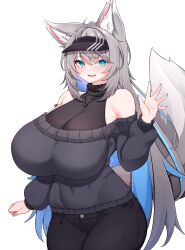 Rule 34 | 1girl, 5danny1206, absurdres, animal ear fluff, animal ears, antenna hair, bare shoulders, black headwear, black pants, black sweater, blue eyes, blue hair, blue nails, breasts, bright pupils, cleavage, colored inner hair, covered collarbone, fox ears, fox girl, grey hair, highres, huge breasts, jewelry, multicolored hair, necklace, off-shoulder sweater, off shoulder, pants, parted lips, see-through, see-through cleavage, streaked hair, sweater, turtleneck, visor cap, vrchat, white pupils