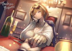 Rule 34 | 1girl, absurdres, alcohol, aviator sunglasses, blonde hair, blunt bangs, bottle, breasts, chair, cleavage, earrings, eyewear on head, girls&#039; frontline, grizzly mkv (girls&#039; frontline), hand on own cheek, hand on own face, highres, holding hands, indoors, jewelry, large breasts, necklace, ohako (ohako1818), ornate ring, plate, ring, short hair, sitting, smile, sunglasses, table