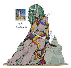 Rule 34 | 1girl, absurdres, artist name, black sclera, colored sclera, full body, green hair, highres, looking at viewer, medium hair, monster girl, no feet, nude, open mouth, original, personification, plant girl, plant hair, plant roots, rock, simple background, sitting, solo, sparrowl, white background, white eyes