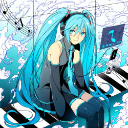 Rule 34 | 1girl, boots, detached sleeves, hatsune miku, headphones, heart, long hair, ryou (kimagure), sitting, smile, solo, thigh boots, thighhighs, very long hair, vocaloid