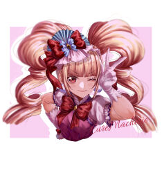 Rule 34 | ;), absurdres, blonde hair, blunt bangs, bow, bowtie, character name, cure macherie, floating hair, gloves, hair bow, hand on own hip, highres, hugtto! precure, long hair, one eye closed, precure, red bow, red bowtie, red eyes, sakana sakanama, short sleeves, smile, twintails, very long hair, white gloves