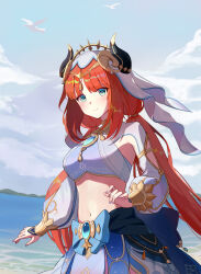 Rule 34 | 1girl, absurdres, aqua eyes, beach, blue bow, blue gemstone, blue nails, blue skirt, blue sky, bow, bracer, breasts, brooch, circlet, closed mouth, clothing cutout, cloud, commentary, cowboy shot, crop top, day, detached sleeves, fake horns, gem, genshin impact, gold trim, harem outfit, highres, horns, jewelry, long hair, long sleeves, looking at viewer, low twintails, medium breasts, mountainous horizon, nail polish, natsuha (user nmtg3357), navel, neck ring, nilou (genshin impact), ocean, outdoors, parted bangs, puffy long sleeves, puffy sleeves, red hair, sidelocks, skirt, sky, smile, solo, stomach, twintails, veil, water, white headwear