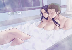Rule 34 | 1boy, 1girl, bath, bathing, bathroom, bathtub, black hair, blue eyes, breasts, collarbone, commentary request, earrings, green hair, hetero, highres, hug, huge breasts, indoors, jewelry, long hair, looking at another, mixed-sex bathing, nico robin, nsgw, nude, one piece, open mouth, partially submerged, roronoa zoro, scar, scar across eye, shared bathing, short hair, steam, window
