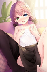 Rule 34 | 1girl, black bow, black pantyhose, black skirt, blue eyes, blush, bow, clothes pull, collarbone, couch, covering privates, covering breasts, curtains, day, fang, feet, green eyes, hair between eyes, hair bow, hands on own chest, heterochromia, indoors, komone ushio, looking at viewer, low twintails, no shoes, open pajamas, original, pajamas, pantyhose, pantyhose pull, pink hair, plant, potted plant, shirt, short hair, sitting, skirt, solo, toes, twintails, white shirt, window