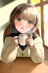 Rule 34 | 1girl, :q, bad id, bad pixiv id, brown hair, cafe, cardigan, chair, cup, foam mustache, food, food on face, highres, holding, holding cup, licking lips, looking at viewer, off shoulder, original, short hair, sitting, solo, table, tongue, tongue out, yukimaru nun