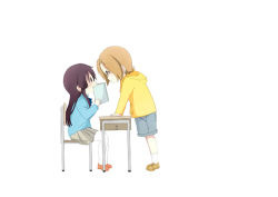 Rule 34 | 2girls, aged down, akiyama mio, book, brown skirt, chair, child, desk, eye contact, holding, hood, hooded sweater, k-on!, komugiko, long hair, long sleeves, looking at another, multiple girls, school desk, short hair, shorts, simple background, skirt, standing, sweater, table, tainaka ritsu, very long hair, white background
