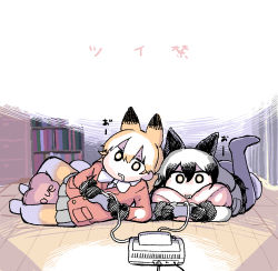 Rule 34 | 10s, 2girls, animal ears, black hair, black pantyhose, blonde hair, bookshelf, drooling, ezo red fox (kemono friends), fox ears, game console, grey skirt, hair between eyes, hare (tetterutei), highres, kemono friends, looking at viewer, lying, multiple girls, no nose, on side, on stomach, pantyhose, pleated skirt, silver fox (kemono friends), skirt, super famicom, super famicom gamepad, translation request, white hair, wooden floor, yellow eyes