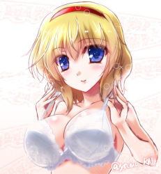 Rule 34 | 1girl, alice margatroid, blonde hair, blue eyes, bra, breasts, collarbone, hairband, lace, lace-trimmed bra, lace trim, large breasts, looking at viewer, smile, solo, strap pull, touhou, underwear, upper body, white bra, yamu (reverse noise)