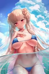 Rule 34 | 1girl, azur lane, bare arms, bare shoulders, bikini, blue bikini, blue sky, blush, braid, breasts, breasts apart, cameltoe, choker, cleavage, closed mouth, cloud, cloudy sky, collarbone, commentary request, covered erect nipples, cowboy shot, criss-cross halter, day, double bun, formidable (azur lane), formidable (the lady of the beach) (azur lane), gluteal fold, hair bun, halterneck, hand on own chest, highres, large breasts, long hair, looking at viewer, lowleg, lowleg bikini, navel, ocean, outdoors, pairleaf, partially submerged, partially underwater shot, red eyes, revision, side-tie bikini bottom, sidelocks, signature, single braid, sky, solo, stomach, string bikini, sunlight, swimsuit, thigh gap, underwater, very long hair