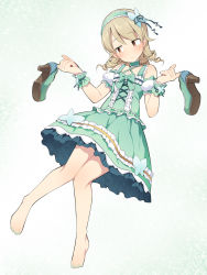 Rule 34 | 1girl, arm cuffs, bad id, bad pixiv id, bare legs, bare shoulders, barefoot, blonde hair, blush, bow, brown eyes, choker, closed mouth, cross-laced clothes, cuffs, dress, duplicate, feet, frilled dress, frills, green dress, green footwear, green nails, green ribbon, green skirt, hair ornament, hair ribbon, hairband, high heels, highres, holding, holding shoes, idolmaster, idolmaster cinderella girls, idolmaster cinderella girls starlight stage, index finger raised, knees together feet apart, looking to the side, medium hair, morikubo nono, nail polish, pixel-perfect duplicate, ribbon, ringlets, sanpaku, shoes, unworn shoes, simple background, skirt, solo, toenail polish, toenails, uccow, wrist cuffs