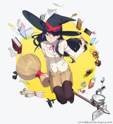 Rule 34 | 1girl, black hair, black hat, black pantyhose, blazer, blue eyes, book, buttons, camera, closed mouth, cup, dango, feathers, floating, flying paper, food, green tea, grey eyes, hat, holding, holding wand, jacket, kamo kamen, long hair, long sleeves, looking at viewer, magic, original, pantyhose, paper, red ribbon, ribbon, school uniform, smile, tea, tray, wagashi, wand, white background, witch, witch hat, yellow feathers, yunomi