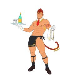 Rule 34 | 1boy, abs, alcohol, apron, arm tattoo, bara, black apron, black footwear, black socks, bottle, brown eyes, chest tattoo, closed mouth, collar, earrings, facial hair, full body, gloves, gyee, itto (mentaiko), jewelry, kong (gyee), leather footwear, long sideburns, looking at viewer, male focus, mature male, monkey tail, muscular, muscular male, navel, necktie, nipple piercing, nipples, orange hair, pectorals, piercing, red necktie, revealing clothes, shoes, short hair, sideburns, smile, socks, solo, stubble, tail, tattoo, thick thighs, thighs, waiter, white gloves, wine, wine bottle