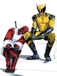 2boys beard black_gloves blue_bodysuit blue_gloves bodysuit christmas crutch_c deadpool deadpool_&amp;_wolverine deadpool_(series) facial_hair full_body fur-trimmed_jacket fur_trim gloves hat highres holding holding_hat holding_unworn_clothes jacket leaning_on_person male_focus marvel marvel_cinematic_universe mask multiple_boys muscular muscular_male parted_lips red_bodysuit red_mask santa_costume sitting superhero_costume sword top_hat two-tone_bodysuit unworn_headwear weapon weapon_on_back wolverine_(x-men) x-men yaoi yellow_bodysuit