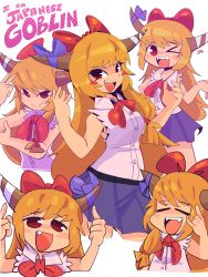 Rule 34 | 1girl, absurdres, blonde hair, blush stickers, bow, bowtie, brown horns, buttons, collared shirt, cropped legs, dress shirt, fang, fangs, hair bow, highres, horn bow, horn ornament, horn ribbon, horns, ibuki suika, jiansketch, long hair, meme, multiple views, one eye closed, pink shirt, purple skirt, red bow, red eyes, ribbon, shirt, skirt, sleeveless, teeth, thumbs up, toon (style), torn clothes, torn sleeves, touhou, tsurime, upper teeth only, very long hair, white background, yamin (cookie)