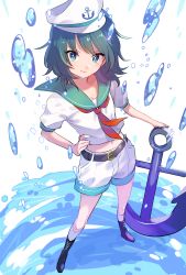 Rule 34 | 1girl, anchor, belt, black hair, blue eyes, boots, commentary request, full body, hand on own hip, hat, highres, looking at viewer, medium hair, murasa minamitsu, navel, neckerchief, red neckerchief, sailor, sailor collar, sailor hat, shorts, solo, standing, touhou, toyosaka, water