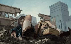 Rule 34 | 1girl, building, city, excavator, giant, giantess, loafers, lying, machinery, on back, original, school uniform, shoes, short hair, skirt, socks, tensen (dotted line), utility pole