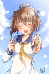 Rule 34 | 1girl, artist logo, blue sailor collar, blue sky, brown hair, closed eyes, cloud, commentary request, dated, day, dress, facing viewer, headgear, highres, kantai collection, mashiro yukiya, neckerchief, one-hour drawing challenge, open mouth, papico (ice cream), sailor collar, sailor dress, short hair, sky, smile, solo, speaking tube headset, teeth, tupet, upper body, upper teeth only, yellow neckerchief, yukikaze (kancolle)