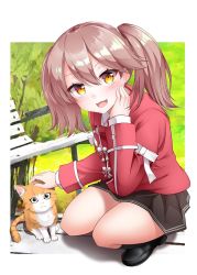 Rule 34 | 1girl, :3, :d, animal, bad id, bad twitter id, bench, brown hair, cat, day, fang, full body, grass, highres, japanese clothes, kantai collection, kariginu, kirigakure (kirigakure tantei jimusho), loafers, long sleeves, looking at viewer, magatama, open mouth, orange eyes, outdoors, park bench, petting, pleated skirt, ryuujou (kancolle), shoes, skirt, smile, solo, squatting, twintails