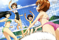 Rule 34 | 10s, 4girls, :d, :o, absurdres, ahoge, arm up, armpits, arms up, ass, back, ball, barefoot, beach, beach volleyball, bikini, black eyes, black hair, black one-piece swimsuit, blue bikini, blue sky, blurry, blush, breasts, brown eyes, brown hair, casual one-piece swimsuit, clenched hand, clothing cutout, cloud, cloudy sky, covered navel, day, depth of field, flat chest, floating hair, girls und panzer, green bikini, highres, isobe noriko, isuzu hana, jumping, kawanishi shinobu, kneepits, leg lift, light rays, long hair, looking at viewer, looking back, megami magazine, motion blur, motion lines, mountain, multiple girls, nishizumi miho, o-ring, o-ring bikini, o-ring bottom, official art, one-piece swimsuit, open mouth, outdoors, outstretched arms, pink bikini, playing sports, profile, scan, short hair, side cutout, sky, smile, speed lines, sports bikini, sun, sunbeam, sunlight, surprised, swimsuit, thigh strap, underboob, volleyball, volleyball (object), volleyball net, water, yoshida nobuyoshi