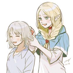 Rule 34 | 2girls, blonde hair, blue capelet, braid, brushing another&#039;s hair, brushing hair, capelet, choker, collared shirt, comb, dated, dungeon meshi, elf, facing ahead, falin touden, falin touden (tallman), green eyes, grey hair, hair between eyes, hands up, happy, holding, holding another&#039;s hair, holding comb, hood, hood down, hooded capelet, laughing, long hair, long sleeves, looking at another, marcille donato, miying (ho ru03 15), multiple girls, pointy ears, shirt, short hair, signature, simple background, twin braids, twintails, upper body, white shirt, wings