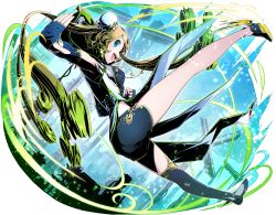 Rule 34 | 1girl, :d, aqua eyes, armpits, asymmetrical legwear, black shorts, blonde hair, blue gloves, clenched hand, divine gate, double bun, elbow gloves, fingerless gloves, full body, gloves, green hair, highres, long hair, looking at viewer, multicolored hair, open mouth, outstretched arm, shadow, short shorts, short sleeves, shorts, simple background, smile, solo, thighhighs, two-tone hair, ucmm, uneven legwear, very long hair, white background