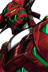 Rule 34 | absurdres, close-up, drill, from below, getter robo, hatching (texture), head tilt, highres, looking ahead, mecha, myon2, no humans, robot, science fiction, shin getter-1, shin getter robo, solo, super robot, yellow eyes