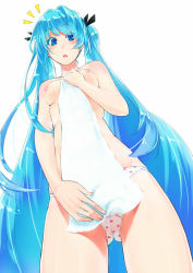 Rule 34 | 1girl, aqua eyes, aqua hair, bad id, bad pixiv id, blush, breasts, from below, hand on own chest, hatsune miku, long hair, nipples, open mouth, panties, polka dot, polka dot panties, simple background, small breasts, solo, tani (aki2672), thighs, topless, towel, twintails, underwear, very long hair, vocaloid, white background, white towel