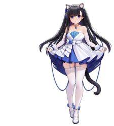 Rule 34 | &gt; &lt;, 1girl, allenes, animal ear fluff, animal ears, azur lane, black hair, blue bow, blue dress, blue eyes, bow, breasts, cat ears, cat girl, cat tail, detached sleeves, dress, evening gown, garter straps, hair bow, hatsuharu (azur lane), hatsuharu (hatsuharu in the limelight) (azur lane), highres, layered dress, long hair, looking at viewer, official alternate costume, official art, skindentation, strapless, strapless dress, tail, transparent background, two-tone dress, white dress, white footwear, wrist cuffs