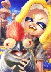 Rule 34 | 1girl, :d, blonde hair, blue sky, bobthecolored, closed eyes, colored pencil (medium), colored tongue, day, desert, drill hair, fang, gradient hair, holding, long hair, multicolored hair, nintendo, octoling, octoling girl, octoling player character, open mouth, outdoors, purple hair, salmonid, shirt, short sleeves, sky, smallfry (splatoon), smile, splatoon (series), splatoon 3, teeth, tentacle hair, traditional media, two-tone hair, v-shaped eyebrows, white shirt, yellow tongue
