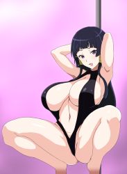 Rule 34 | 1girl, :p, armpits, arms up, ass, bare legs, barefoot, black leotard, blunt bangs, blush, breasts, center opening, cleavage, dead or alive, feet out of frame, gradient background, hair ribbon, highres, large breasts, leotard, long hair, looking at viewer, navel, nyotengu, partially visible vulva, pink background, pole, pole dancing, purple eyes, revealing clothes, ribbon, sidelocks, solo, spread legs, squatting, stomach, straight hair, tawashi1623, tongue, tongue out, very long hair