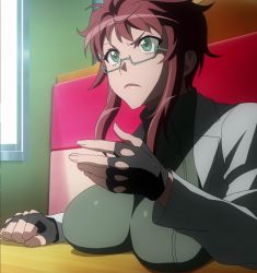 Rule 34 | 1girl, breast rest, breasts, brown hair, fingerless gloves, glasses, gloves, green eyes, highres, huge breasts, indoors, screencap, sitting, solo, stitched, suzue konomi, third-party edit, triage x, upper body